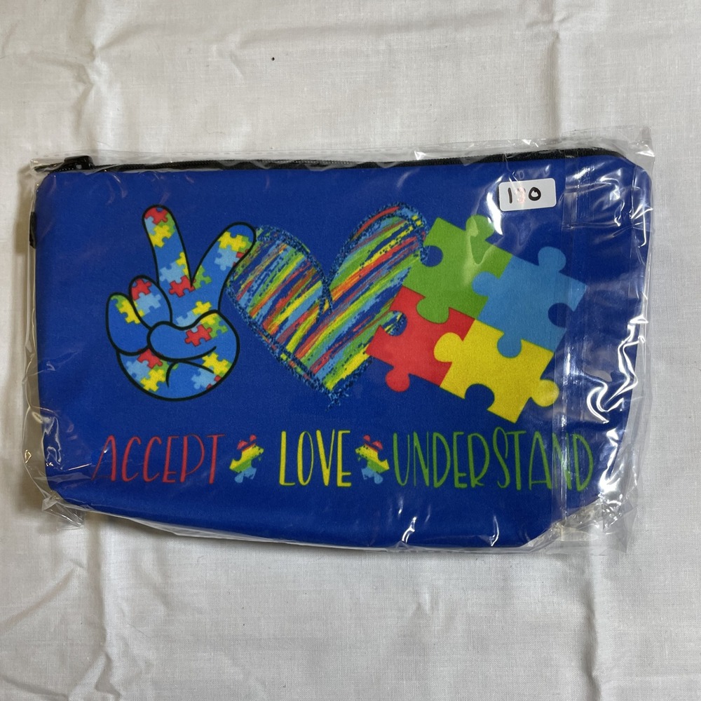 The Pouch Cosmetic Bag‎ Blue NWT Autism Awareness Peace Love Accept